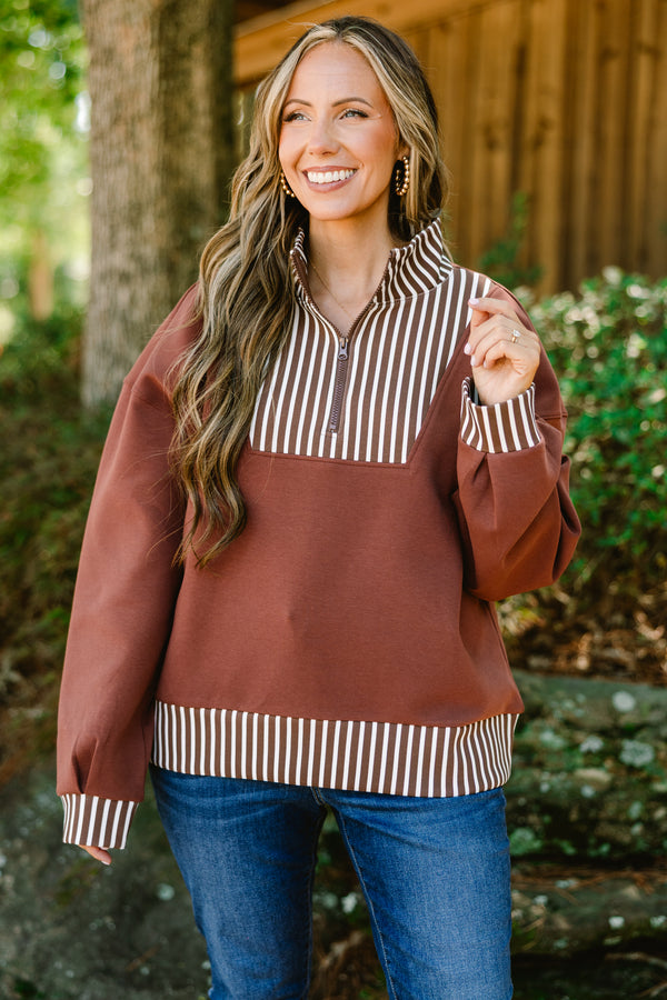 Plus Size brown quarter-zip pullover with white vertical stripes on the collar, cuffs, and hem.