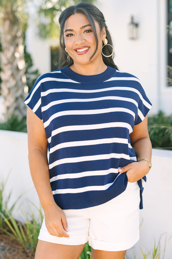 Chic Soul plus size clothing, short cap sleeve navy and white horizontal stripe sweater