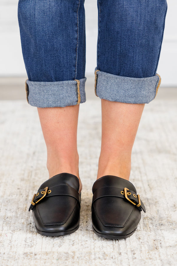 Chic Soul plus size clothing, black faux leather slip-on backless mule shoes with a rusted gold thick buckle along the top and a square-toe