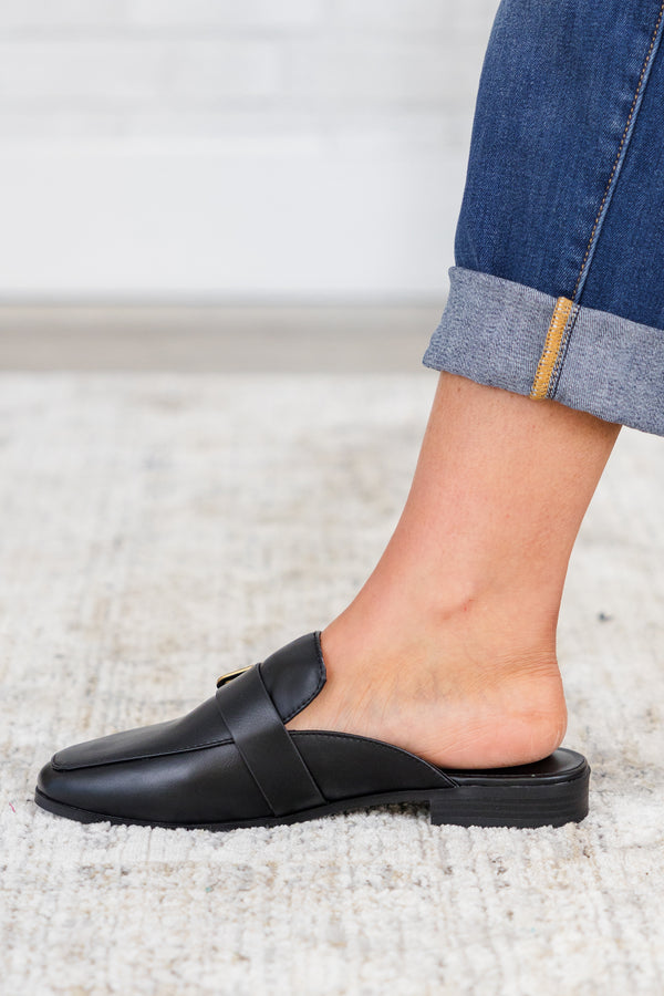 Chic Soul plus size clothing, black faux leather slip-on backless mule shoes with a rusted gold thick buckle along the top and a square-toe