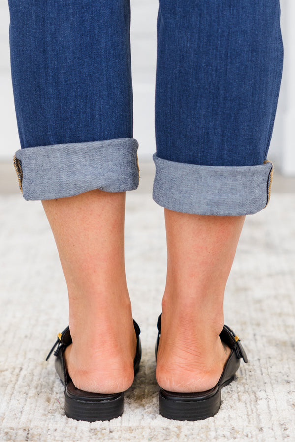 Chic Soul plus size clothing, black faux leather slip-on backless mule shoes with a rusted gold thick buckle along the top and a square-toe