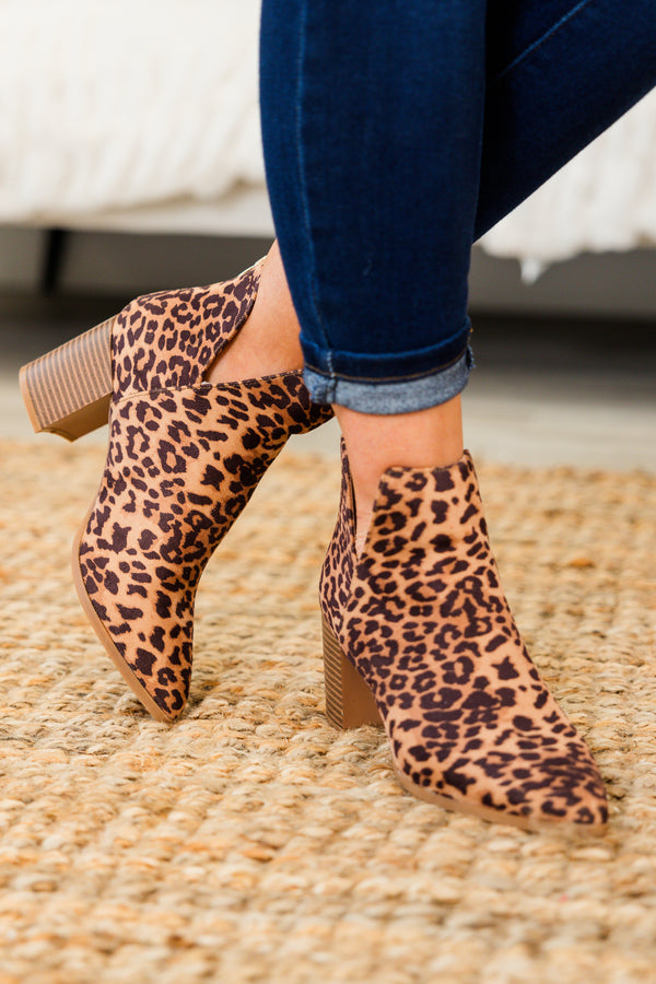 Chic Soul plus size clothing, leopard pointed toe booties with slit on sides with wood block heel
