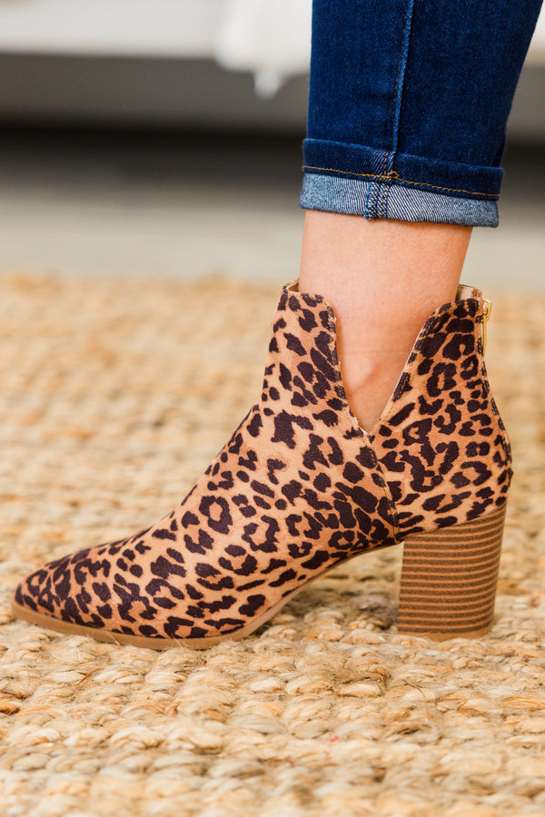 Chic Soul plus size clothing, leopard pointed toe booties with slit on sides with wood block heel