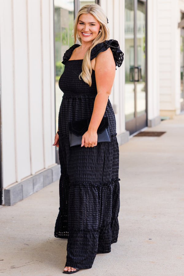 Chic Soul plus size clothing, black ruffled maxi dress with ruffled straps and smocked bodice 