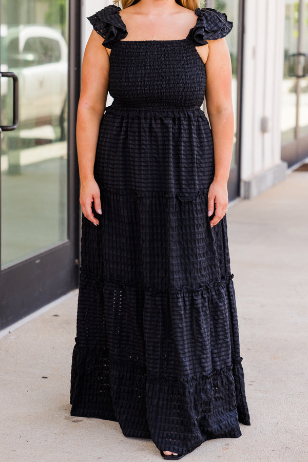 Chic Soul plus size clothing, black ruffled maxi dress with ruffled straps and smocked bodice 