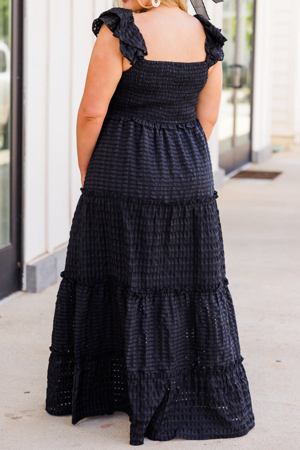 Chic Soul plus size clothing, black ruffled maxi dress with ruffled straps and smocked bodice 