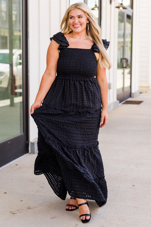 Chic Soul plus size clothing, black ruffled maxi dress with ruffled straps and smocked bodice 