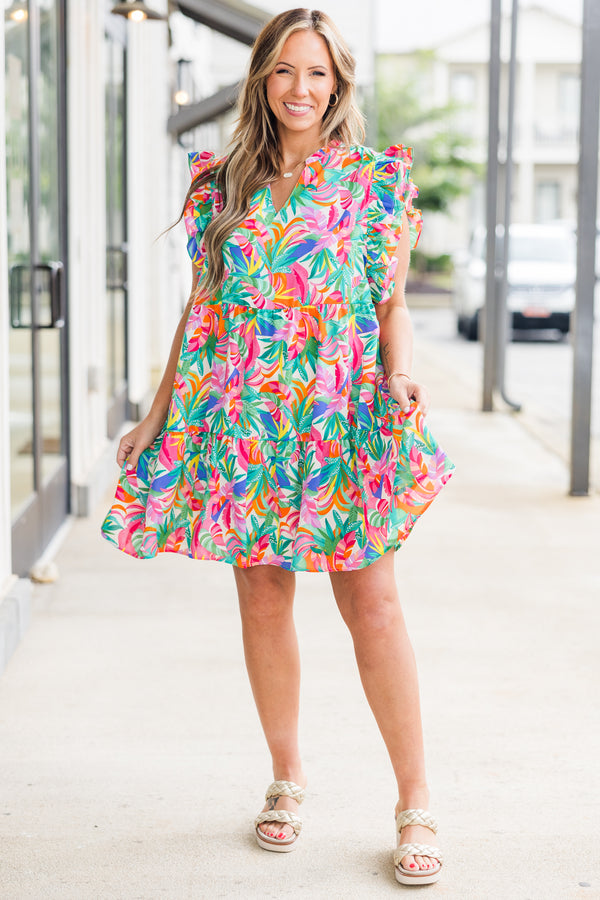 Chic Soul plus size clothing, short sleeve multicolored tropical print mini dress with v neckline and ruffle flare sleeves