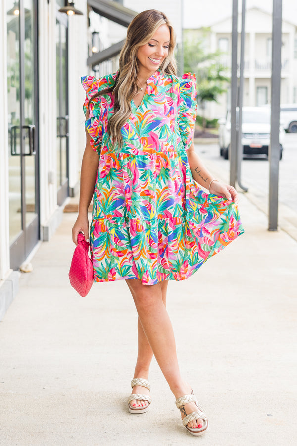 Chic Soul plus size clothing, short sleeve multicolored tropical print mini dress with v neckline and ruffle flare sleeves