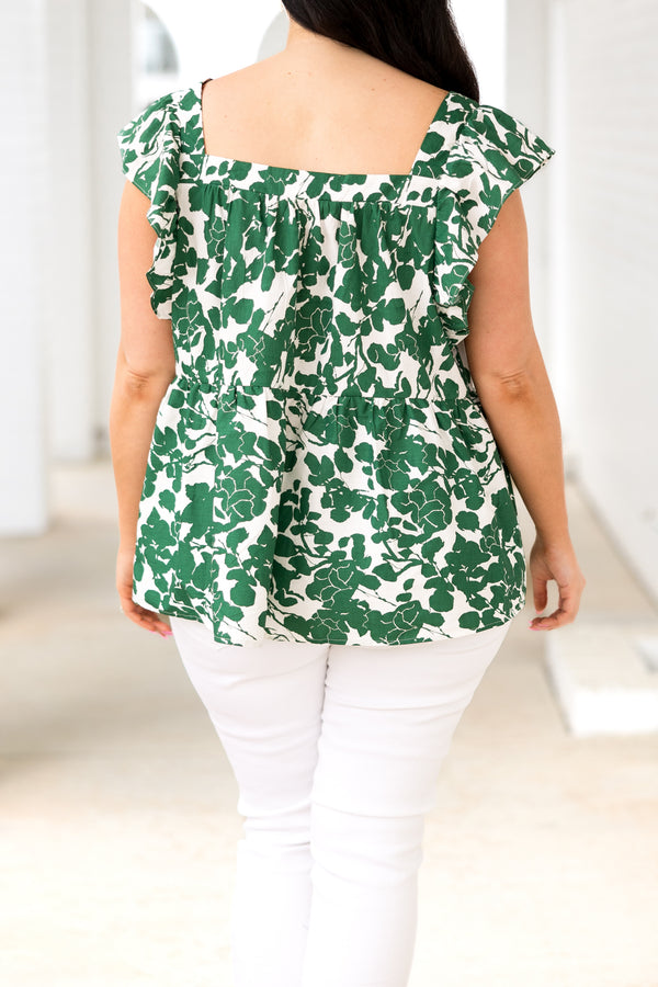 Chic Soul plus size clothing, green floral pattern babydoll style top with flutter sleeves