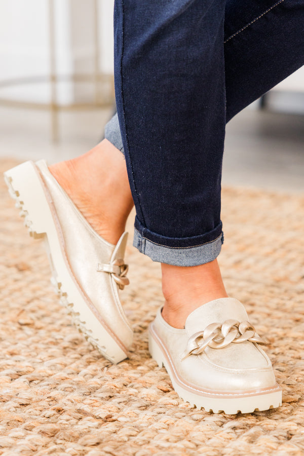 Chic Soul plus size clothing, gold platform mules with gold chain on top with rounded toe