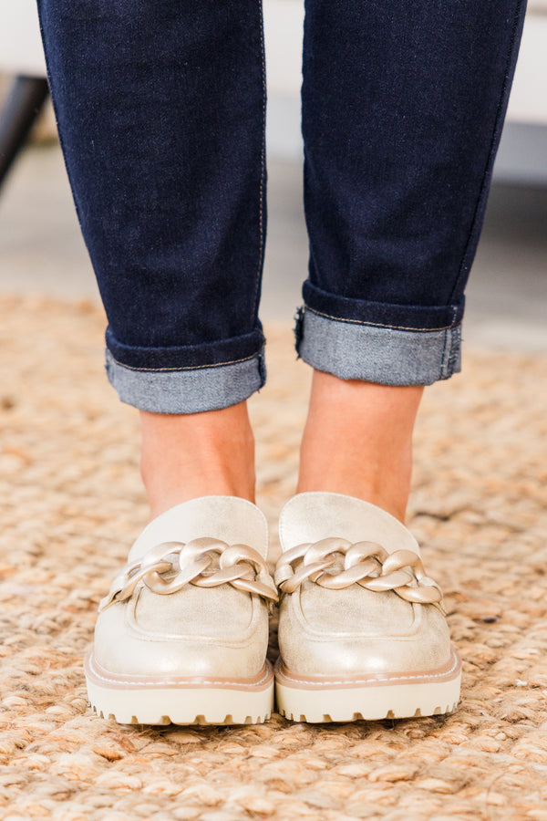 Chic Soul plus size clothing, gold platform mules with gold chain on top with rounded toe