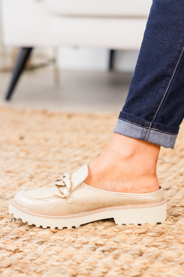 Chic Soul plus size clothing, gold platform mules with gold chain on top with rounded toe