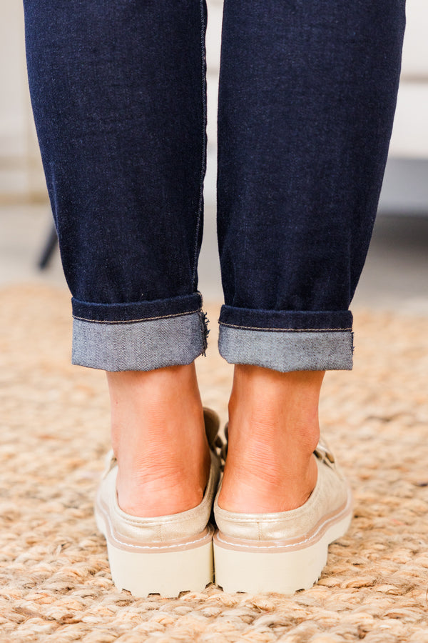 Chic Soul plus size clothing, gold platform mules with gold chain on top with rounded toe