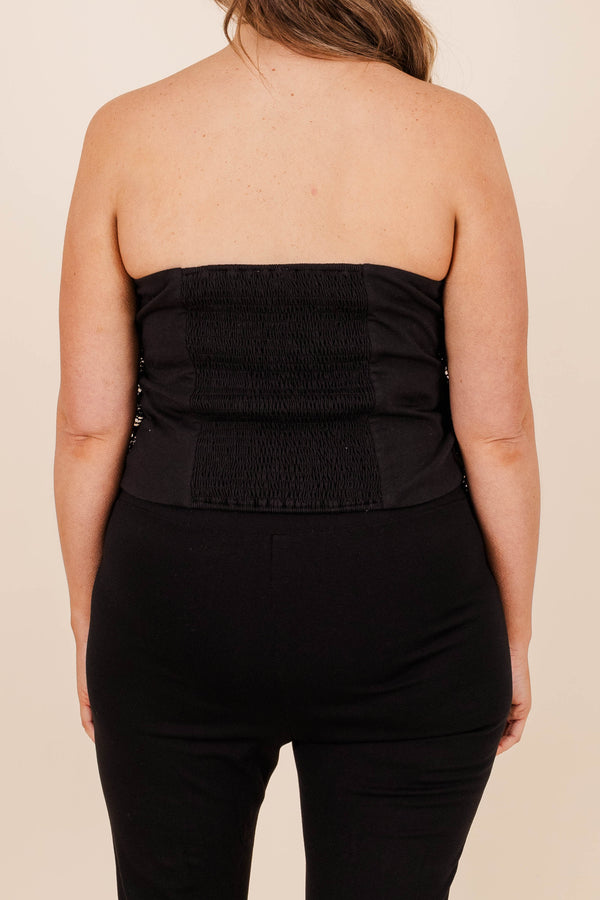 Chic Soul plus size clothing, black glitter and vertical ruffle crop top