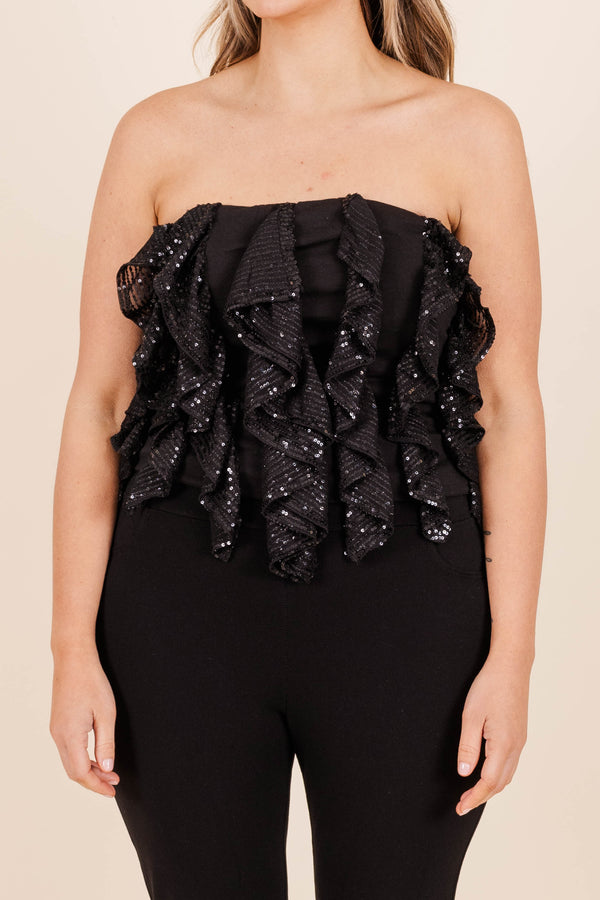 Chic Soul plus size clothing, black glitter and vertical ruffle crop top