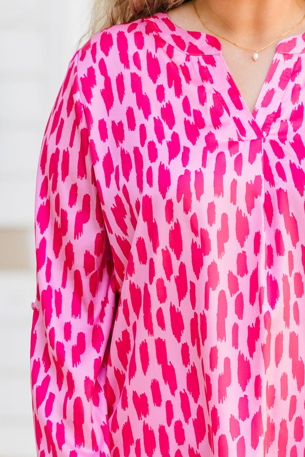 Chic Soul plus size clothing, long sleeve pink top with v-neckline and darker pink spotted pattern 