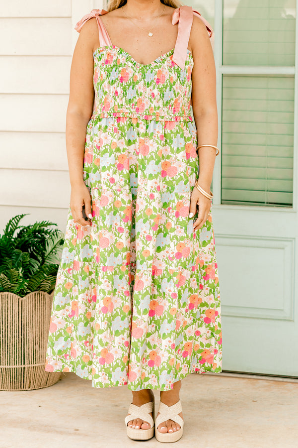 Chic Soul plus size clothing, green floral maxi dress with a slight v-neck and bows that tie for sleeves 