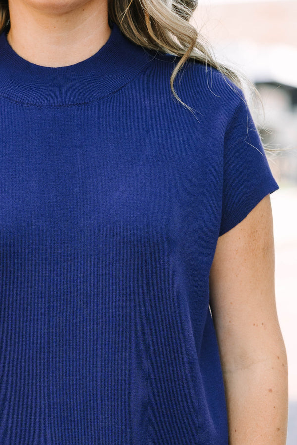 Plus Size navy cap sleeve sweater with a high neckline and soft microribbed fabric.