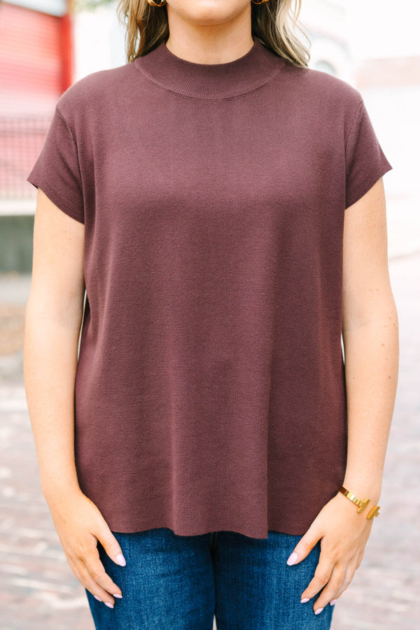 Plus Size brown cap sleeve sweater with a mock neckline in a soft microribbed fabric.