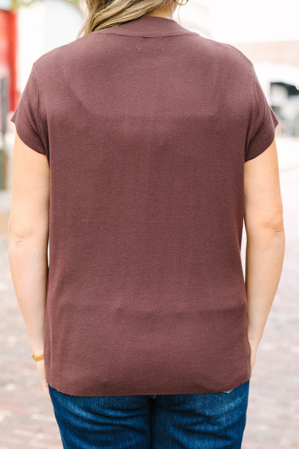 Plus Size brown cap sleeve sweater with a mock neckline in a soft microribbed fabric.