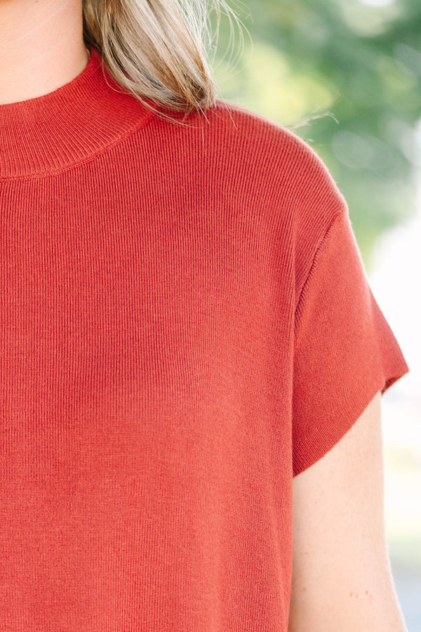 Plus size clothing, rust microribbed short sleeve mock neck sweater