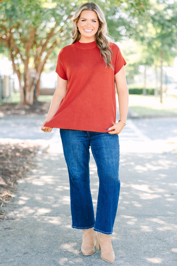 Plus size clothing, rust microribbed short sleeve mock neck sweater