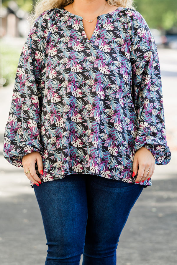 Chic Soul plus size clothing, long-sleeve black top with v-neckline and blue and purple tropical floral pattern