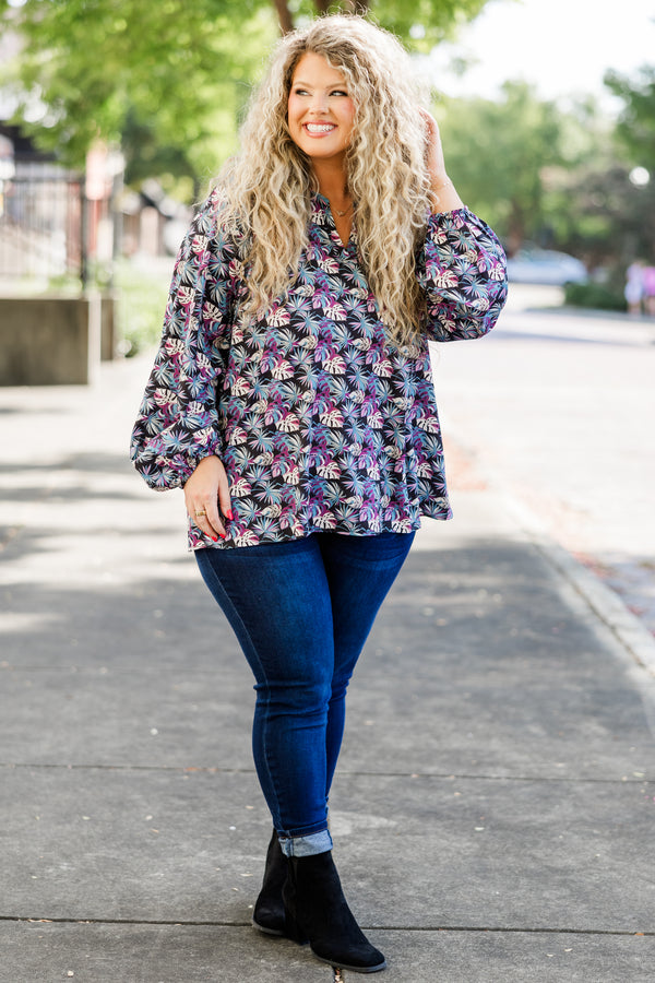 Chic Soul plus size clothing, long-sleeve black top with v-neckline and blue and purple tropical floral pattern