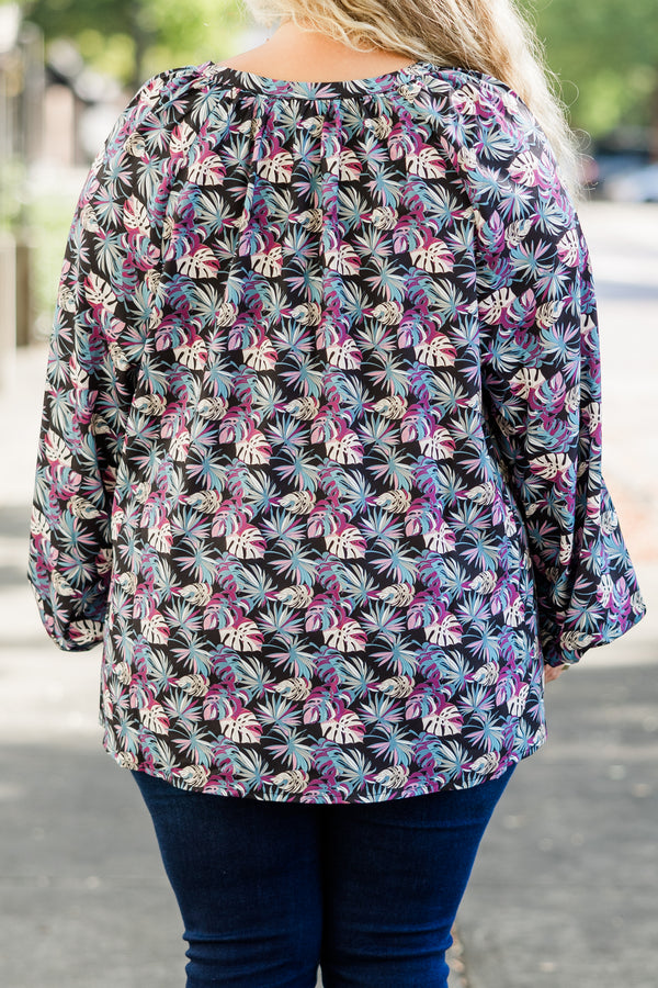 Chic Soul plus size clothing, long-sleeve black top with v-neckline and blue and purple tropical floral pattern