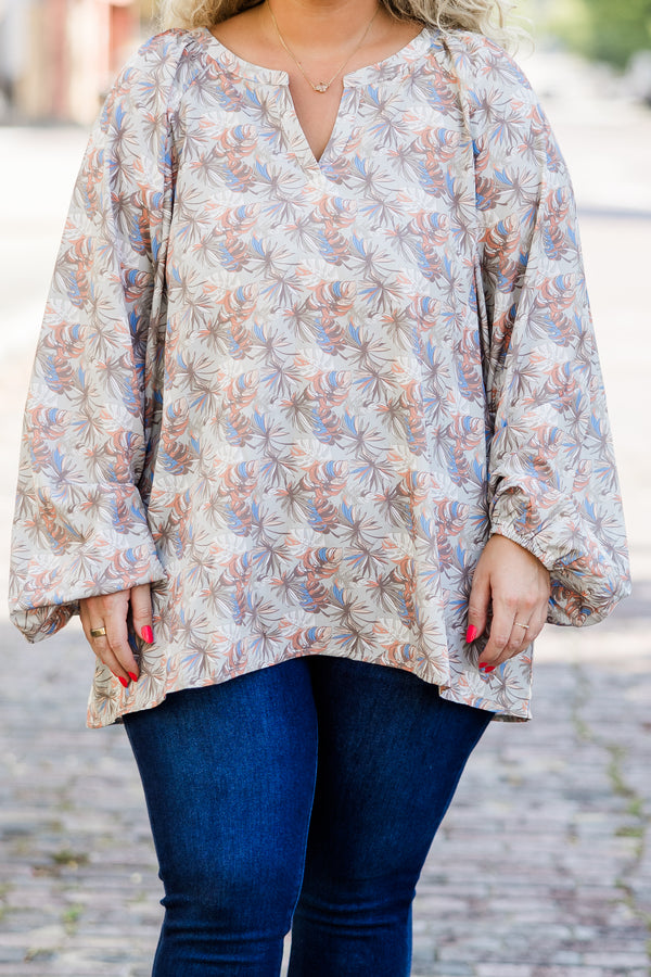 Chic Soul plus size clothing, long sleeve grey multi print top with v cutout along neckline and cuffed bubble sleeves