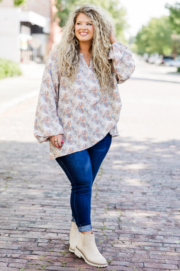 Chic Soul plus size clothing, long sleeve grey multi print top with v cutout along neckline and cuffed bubble sleeves