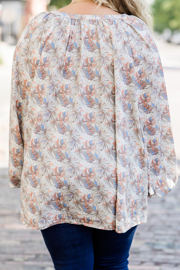 Chic Soul plus size clothing, long sleeve grey multi print top with v cutout along neckline and cuffed bubble sleeves
