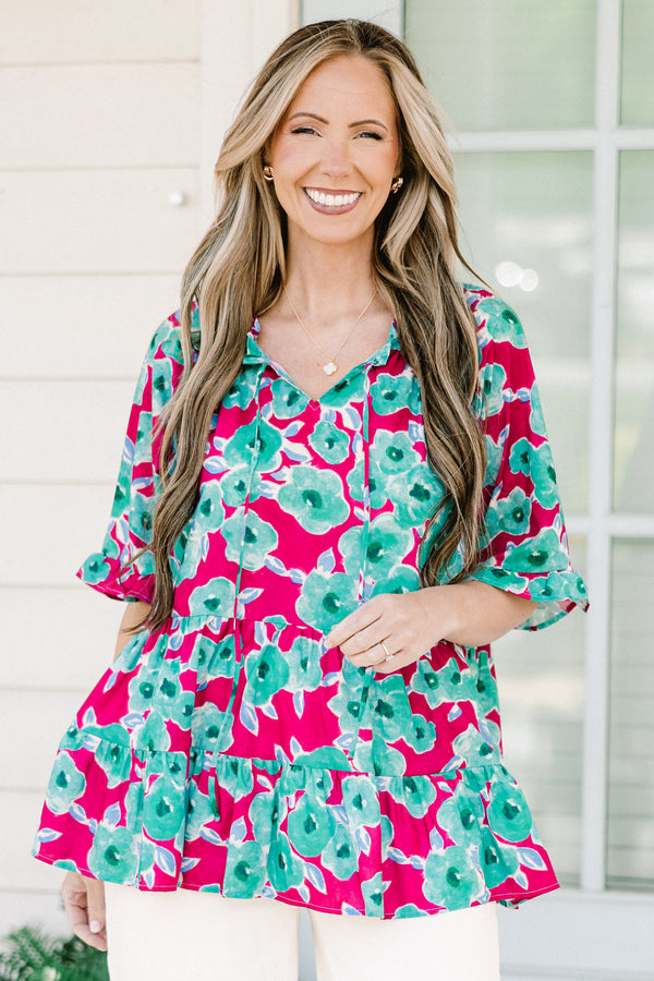 Chic soul plus size clothing, multi-colored blue and pink babydoll top with short sleeves and a floral print 