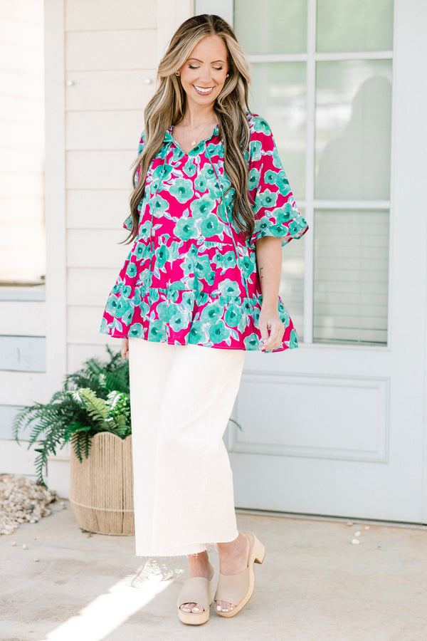 Chic soul plus size clothing, multi-colored blue and pink babydoll top with short sleeves and a floral print 