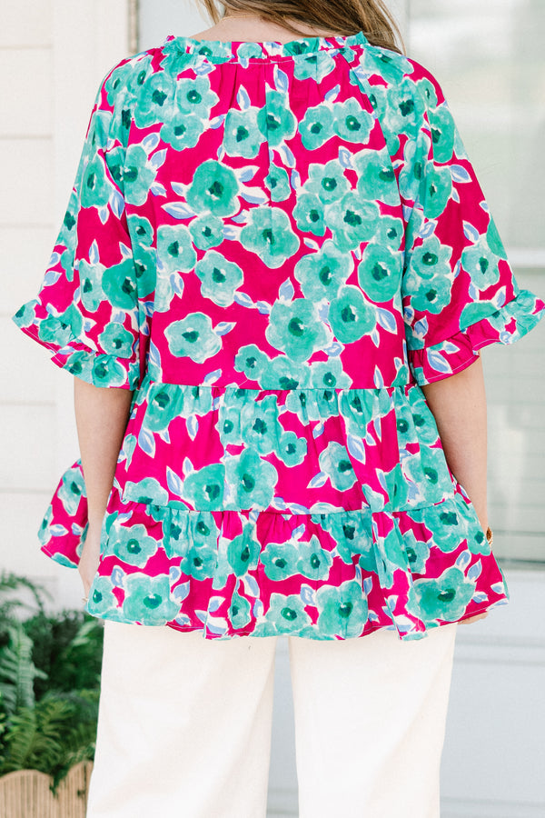 Chic soul plus size clothing, multi-colored blue and pink babydoll top with short sleeves and a floral print 