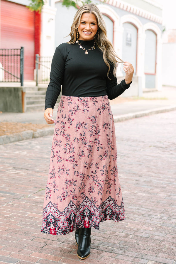 Plus Size pink floral maxi skirt with a bold border print hem and relaxed silhouette.