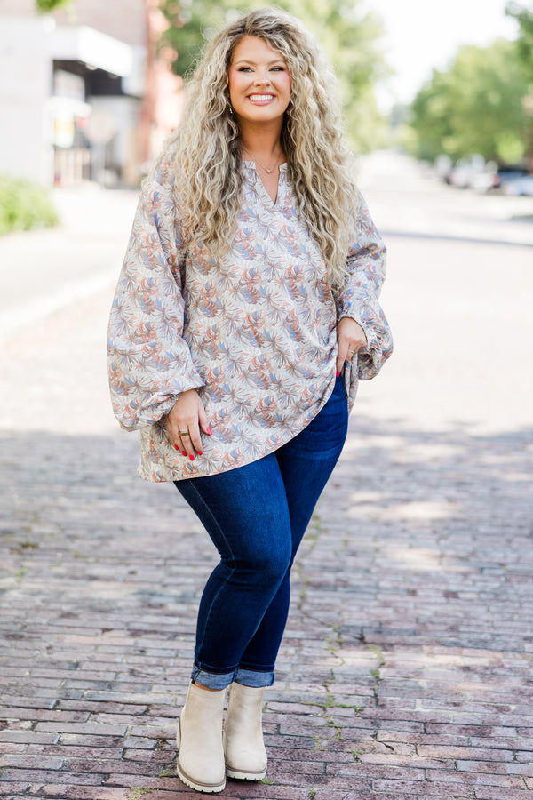 Chic Soul plus size clothing, long sleeve grey multi print top with v cutout along neckline and cuffed bubble sleeves