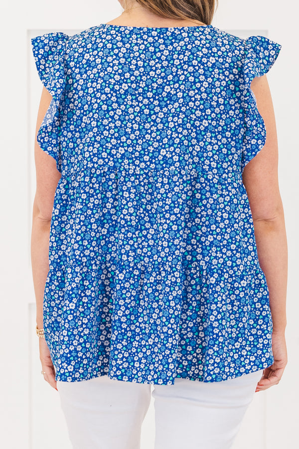 Chic Soul Plus Size Clothing, royal blue ditsy floral flutter short sleeve top