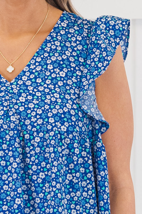 Chic Soul Plus Size Clothing, royal blue ditsy floral flutter short sleeve top