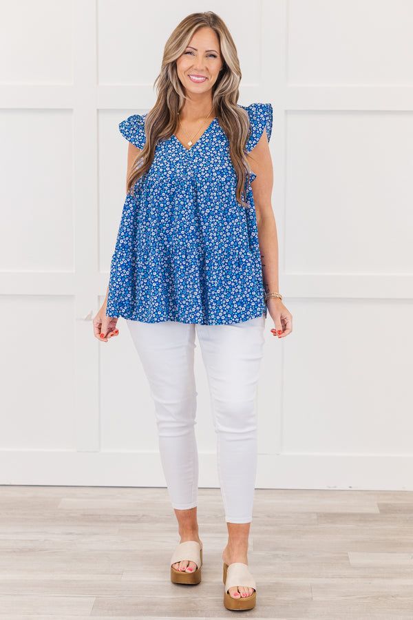 Chic Soul Plus Size Clothing, royal blue ditsy floral flutter short sleeve top