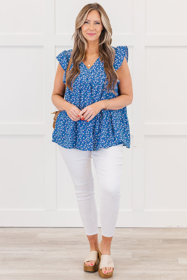Chic Soul Plus Size Clothing, royal blue ditsy floral flutter short sleeve top