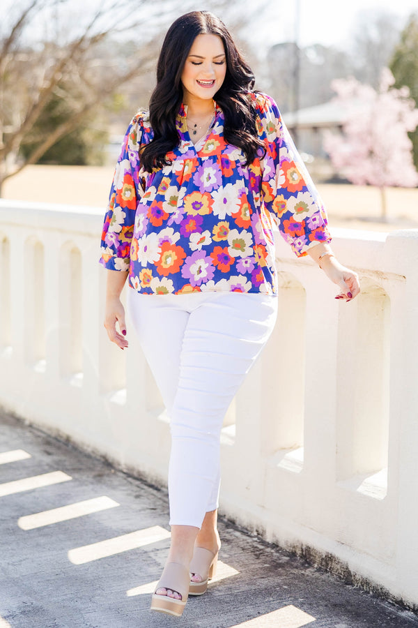 Chic Soul plus size clothing, three quarter length sleeve navy-purple top with cuff sleeves and v cutout along neckline with large multi floral print