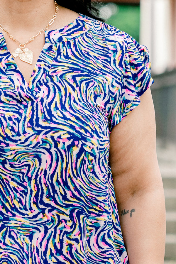 Chic Soul plus size clothing, royal blue short-flutter sleeve shallow v-neck casual top with multicolored abstract wavy line pattern