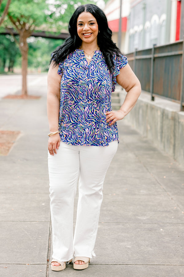 Chic Soul plus size clothing, royal blue short-flutter sleeve shallow v-neck casual top with multicolored abstract wavy line pattern