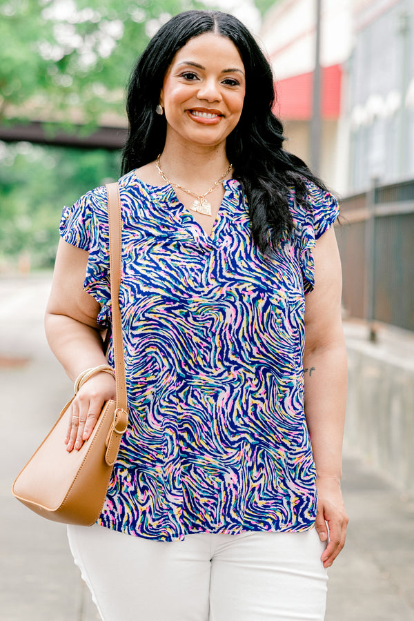 Chic Soul plus size clothing, royal blue short-flutter sleeve shallow v-neck casual top with multicolored abstract wavy line pattern