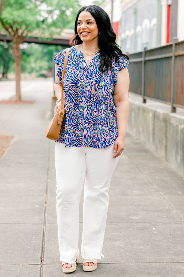 Chic Soul plus size clothing, royal blue short-flutter sleeve shallow v-neck casual top with multicolored abstract wavy line pattern