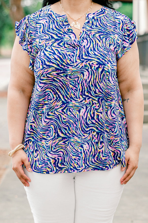 Chic Soul plus size clothing, royal blue short-flutter sleeve shallow v-neck casual top with multicolored abstract wavy line pattern