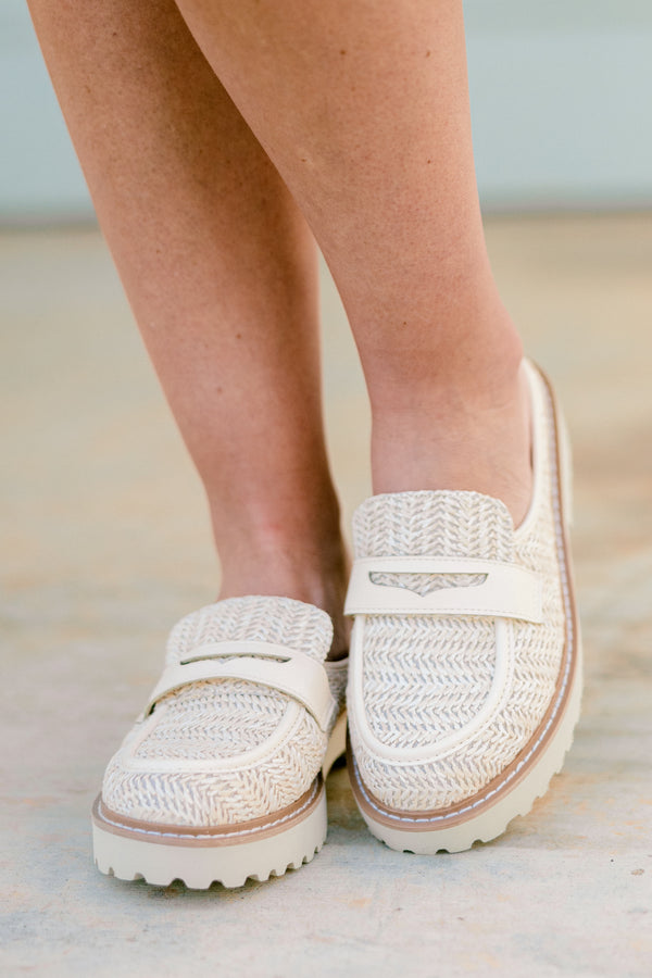 Chic Soul plus size clothing, natural colored mules with a woven pattern and a strap detail across the foot 
