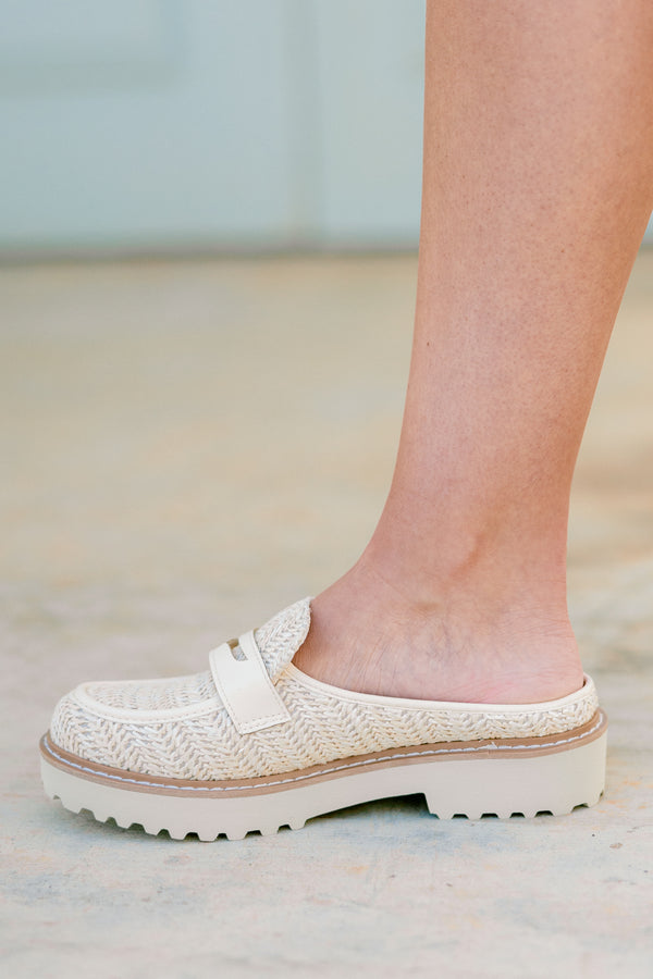 Chic Soul plus size clothing, natural colored mules with a woven pattern and a strap detail across the foot 